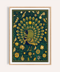 Peacock Art Print of ornate peacock with full tail spread and floral border