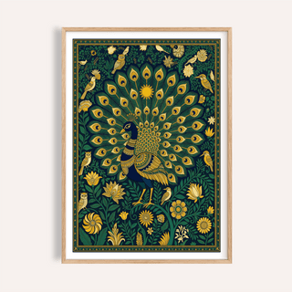 Framed Peacock Art Print with decorative folk-art style plumage in gold and green tones