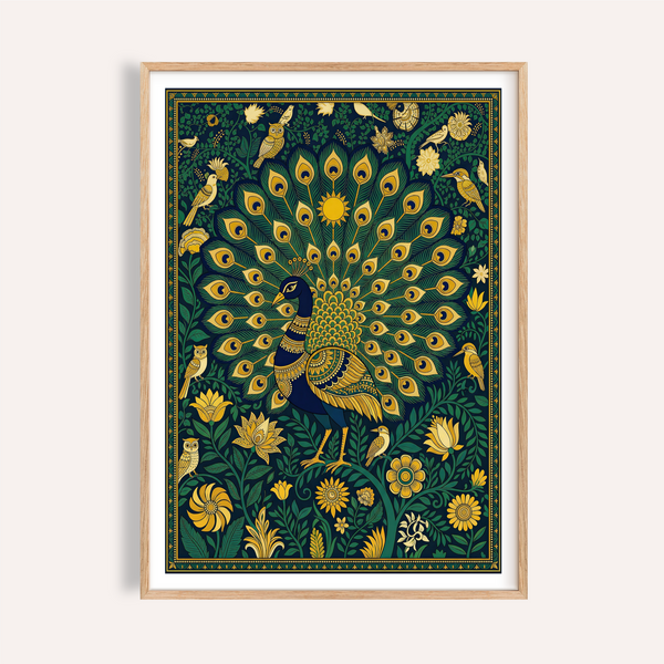 Peacock Art Print of ornate peacock with full tail spread and floral border