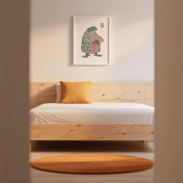 Frog Art Print with upright frog figure in patterned kimono holding fan