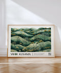 Forested hills poster featuring blooming trees in a Kusama-inspired design.