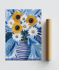 Art of Sunflowers artwork capturing vibrant flowers on a calm blue backdrop.
