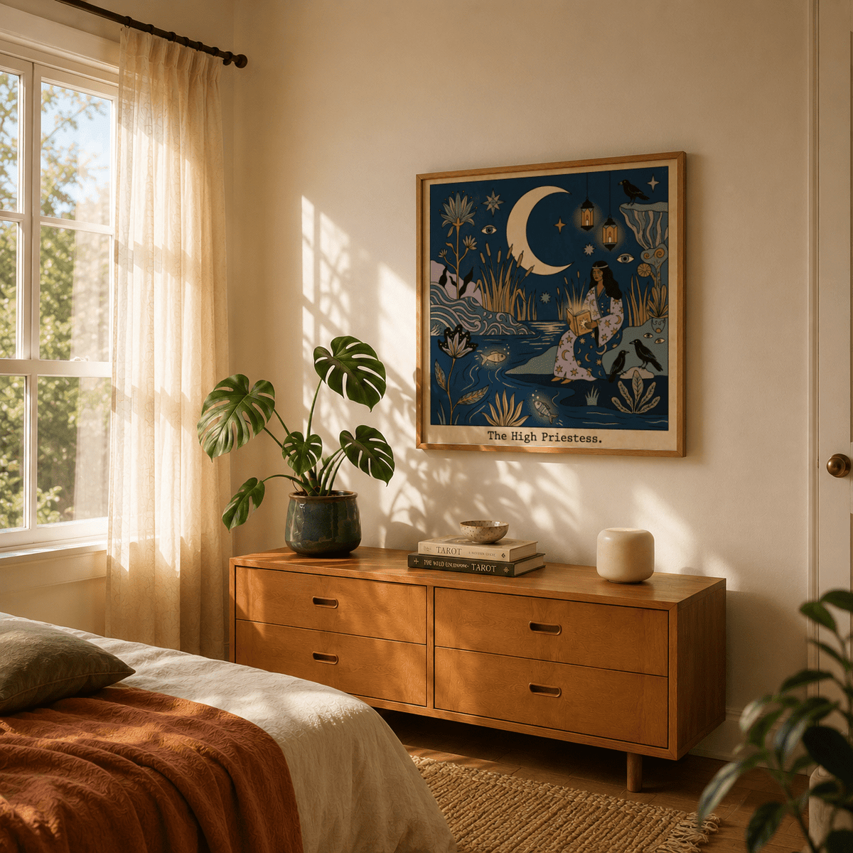 The High Priestess Tarot Card Art poster with crescent moon and hanging lanterns
