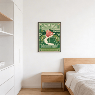 Close-up view of strawberry splash tennis poster print with Green and Pink accents
