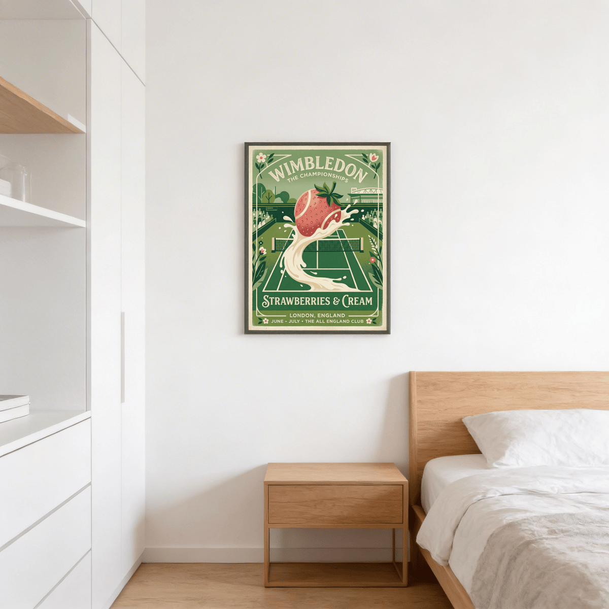Close-up view of strawberry splash tennis poster print with Green and Pink accents