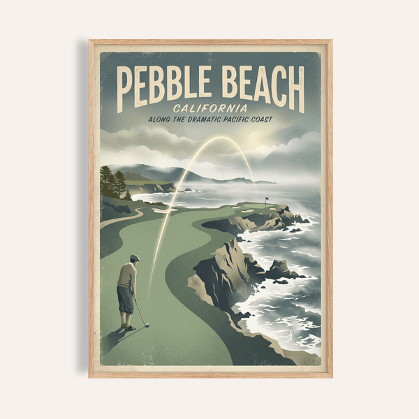 Pebble Beach Golf Print poster showing golfer teeing off toward cliffside green