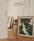 Serene wall poster featuring flying red-crowned cranes.