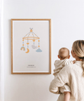 Personalised Baby Poster pastel blue and orange for nursery modern art print