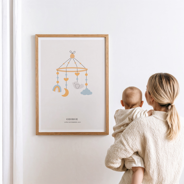 Personalised Baby Poster pastel blue and orange for nursery modern art print