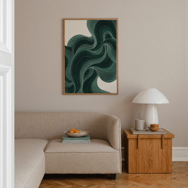 Abstract Green Wavy Poster in green and beige, perfect for stylish entryway