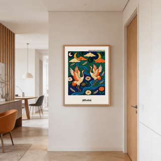 Presenting Colorful Crane Poster wall art with two cranes, feathers, and a winding river scene