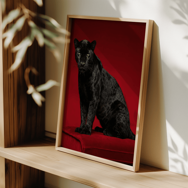 Black Panther Art Print highlighting black panther on vibrant red for den