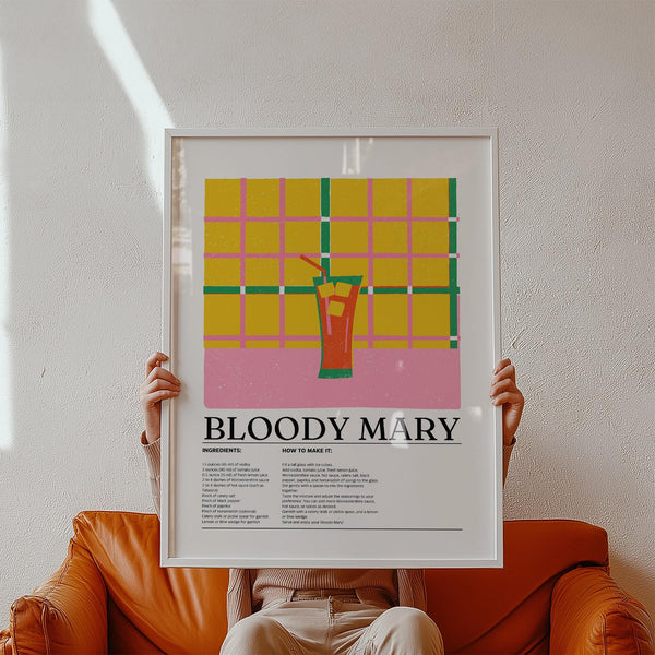 Retro drink poster of a Bloody Mary cocktail with yellow and pink grid backdrop.