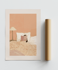 Woman Reading Book Art print showing soft Pink, White, Beige, Orange bedroom decor
