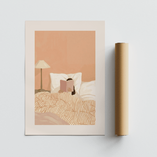 Woman Reading Book Art print showing soft Pink, White, Beige, Orange bedroom decor