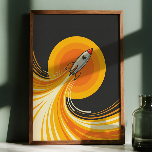 Rocket Wall Art vibrant Orange rocket flames, classroom poster