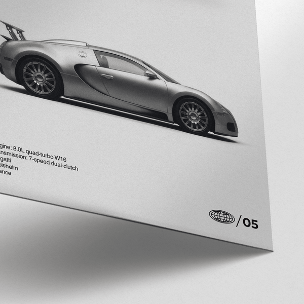 Sleek Bugatti Veyron Car Print for modern home office in black and white colors