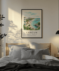 Watercolor travel poster of Cancun coastline with curving white sand bay