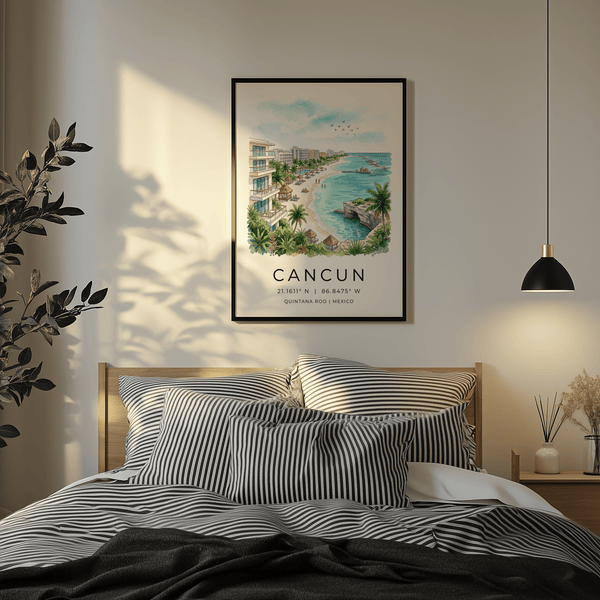 Watercolor travel poster of Cancun coastline with curving white sand bay