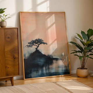 Japanese abstract art print of a bonsai tree on a hill at dawn.