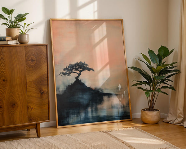 Japanese abstract art print of a bonsai tree on a hill at dawn.