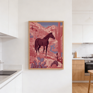 Graphic desert landscape poster with saguaro cactus and river channel