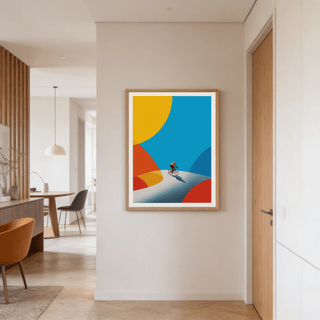 Crisp-edged abstract poster print with curved bands and a tiny cyclist figure placed near the lower center