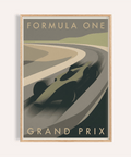 Front view of Grand Prix Poster with Formula One text and race car print