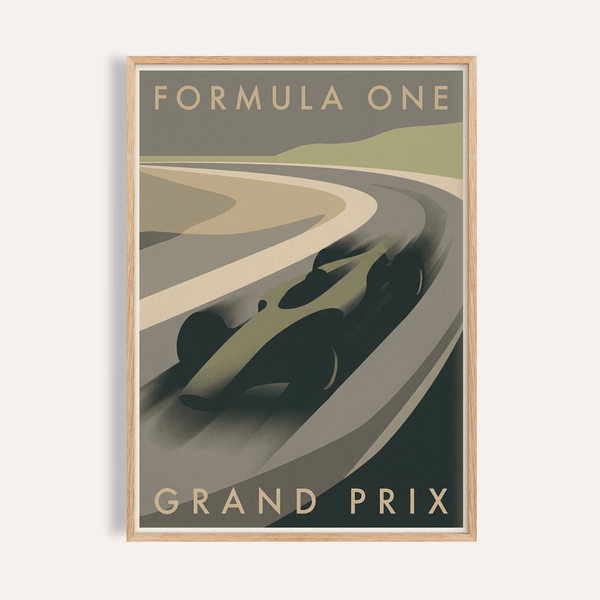 Front view of Grand Prix Poster with Formula One text and race car print