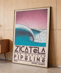 Depicting Mexican Beach Art print with curling wave, gradient sky, and coordinates text