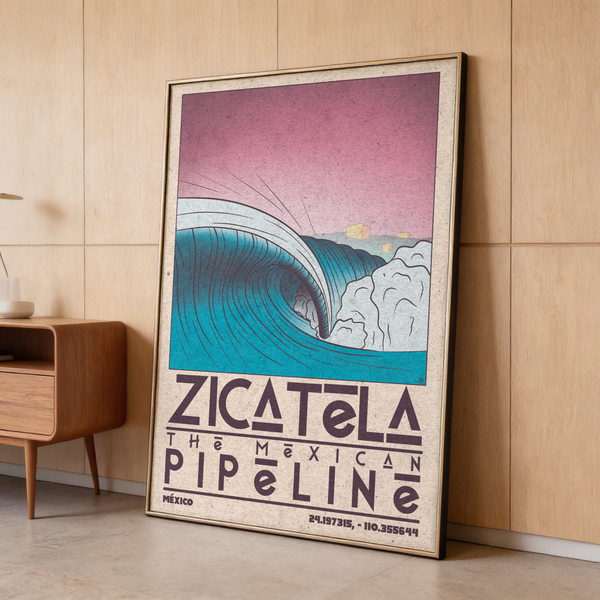 Depicting Mexican Beach Art print with curling wave, gradient sky, and coordinates text