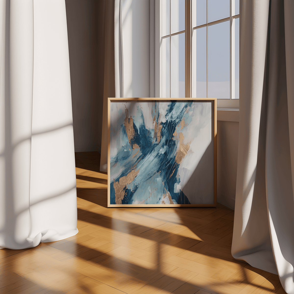 Sophisticated Blue Abstract Wall Art with Blue and Gold, ideal for dining room