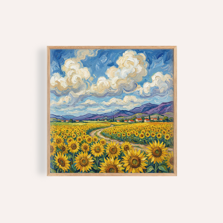 Sunflower Field Poster in Yellow and Blue for living room wall art