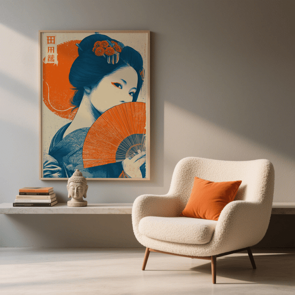 Retro Geisha Print Japanese art print with Orange Beige in bedroom