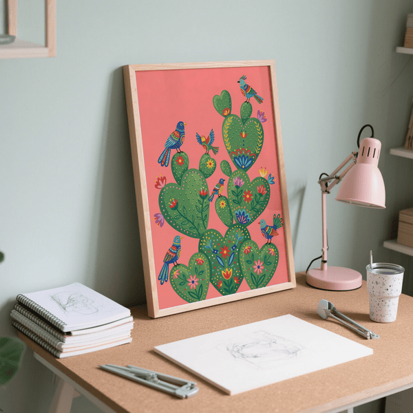 Modern Colorful Cactus Art Print in pink and green tones for office