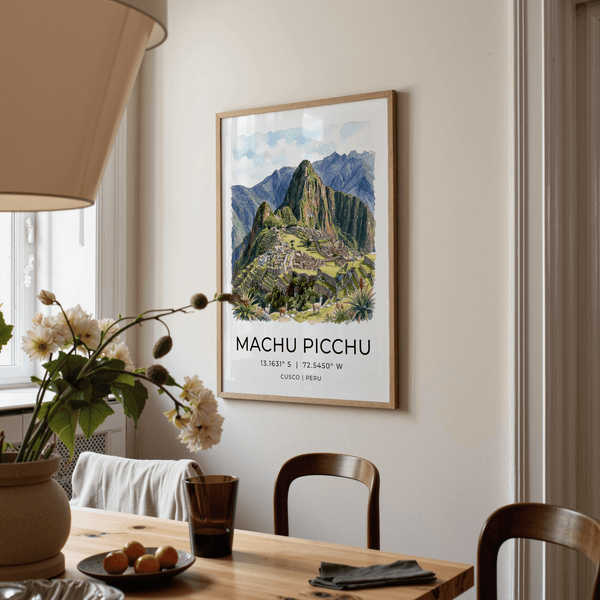 Terraced mountainside artwork with cloud-washed Andean backdrop