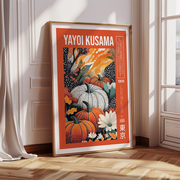 Abstract fall composition with dotted pumpkins inspired by Yayoi Kusama pumpkin print.