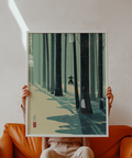 Minimalist Japanese Bamboo Wall Art print with bamboo grove and lantern