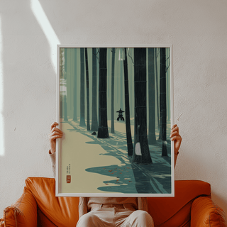 Minimalist Japanese Bamboo Wall Art print with bamboo grove and lantern