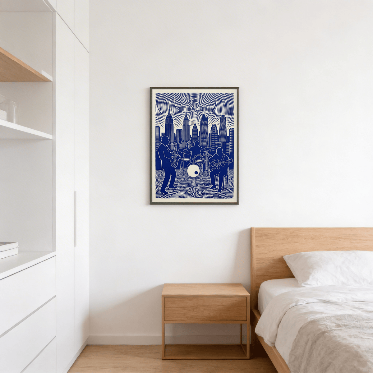 Urban skyline music poster print with saxophone, drums, and guitar silhouettes