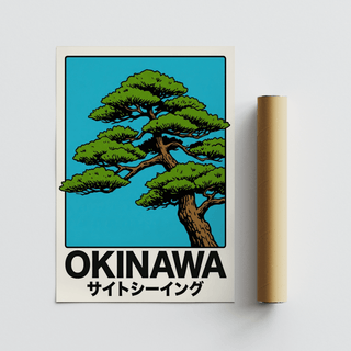 Japanese Tree Print art print with Blue, Red, and White in bedroom