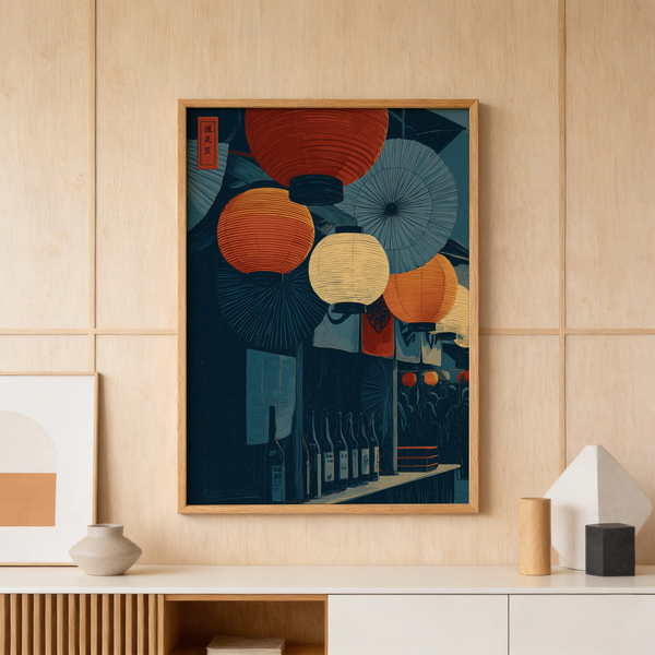 Overhead paper lanterns print with hanging umbrellas and banners