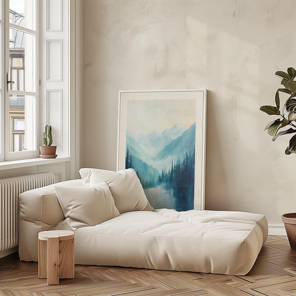 Misty blue and teal hues featured in modern nature prints.