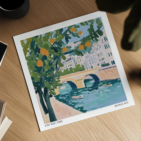 Matisse-inspired Paris artwork with riverside walkway and trees.