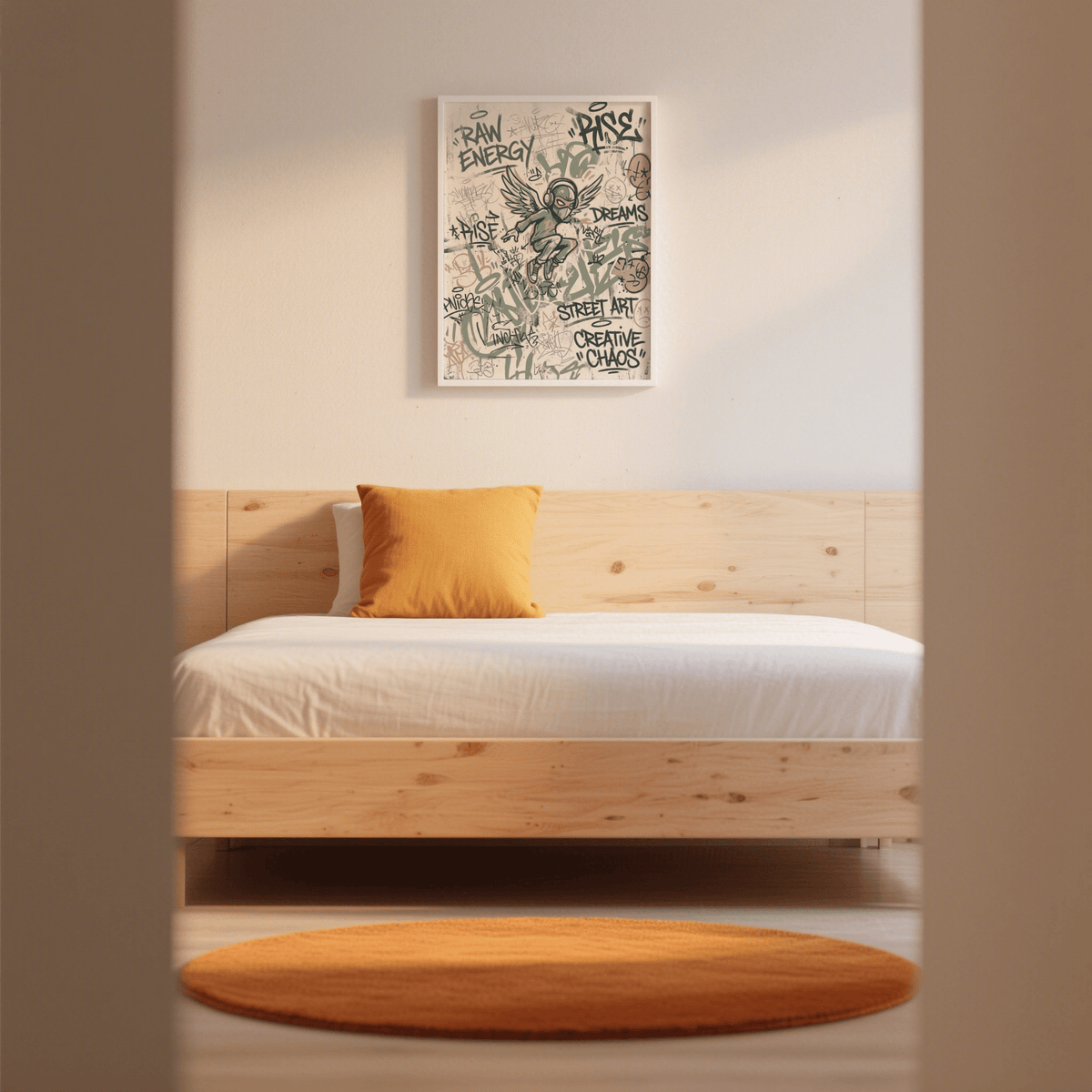 Urban illustration print with bold typographic words and sketchy doodles across background