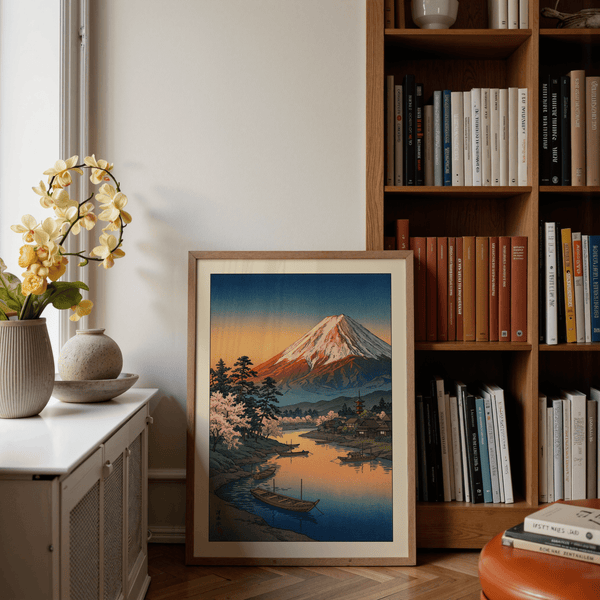 Japanese pop art style print with curved shoreline and pine trees