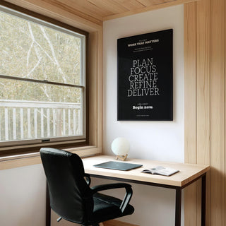 Sleek black inspiring wall decor with a focus on progress and productivity.