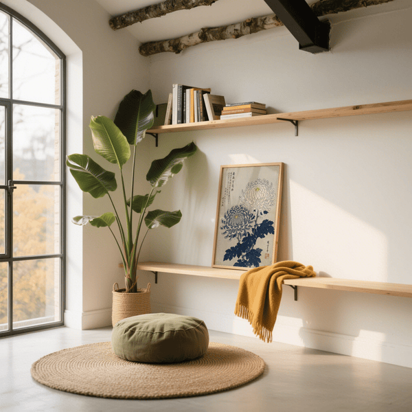 Chrysanthemum Art Print in classic Blue and Gray shades for hallway style