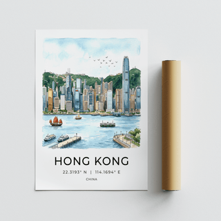 Landscape Hong Kong Skyline Art Print poster featuring waterfront, piers, and boats