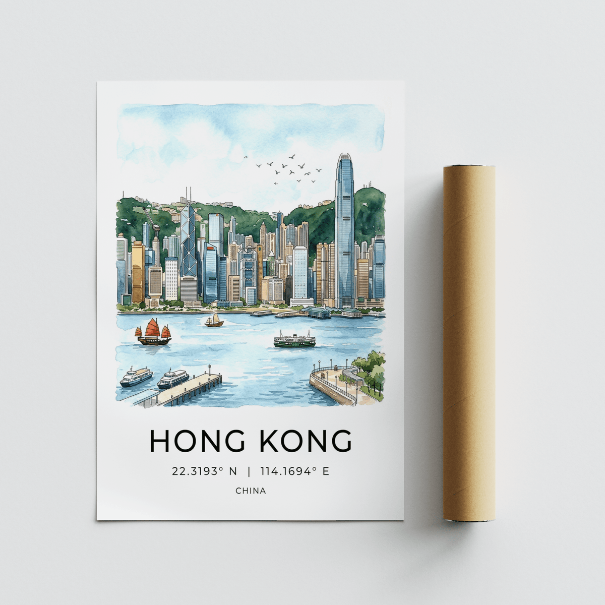 Landscape Hong Kong Skyline Art Print poster featuring waterfront, piers, and boats
